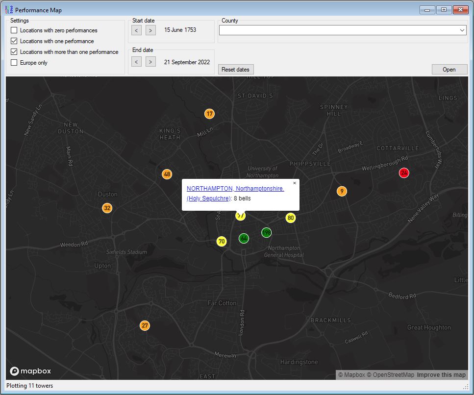 Peal Map - all peals in Northampton